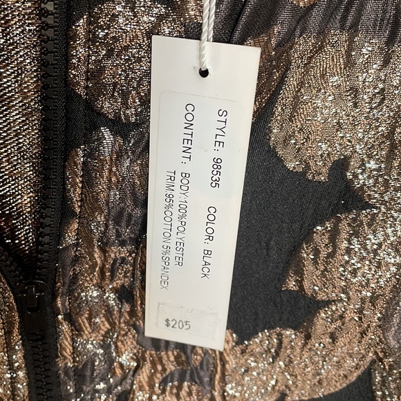 Black Dressy Bomber Jacket with Silver and Gold Leaf Print.  Zipper closure. - Picture 4 of 4